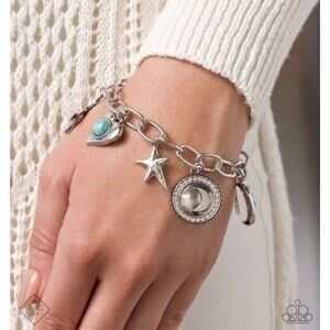 Paparazzi Technical Token Western Cowboy Charm Bracelet Silver Turquoise New